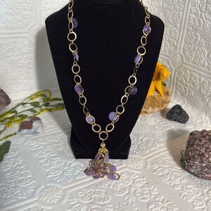 Vintage Bright Gold Tone Amethyst Faceted Plastic Bead Necklace With Filigree Ta